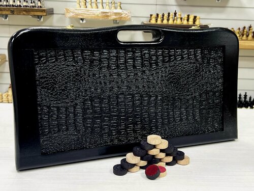 Изображение товара Нарды кожаные Презент с ручкой черные Люкс 55 см подарочные деревянные