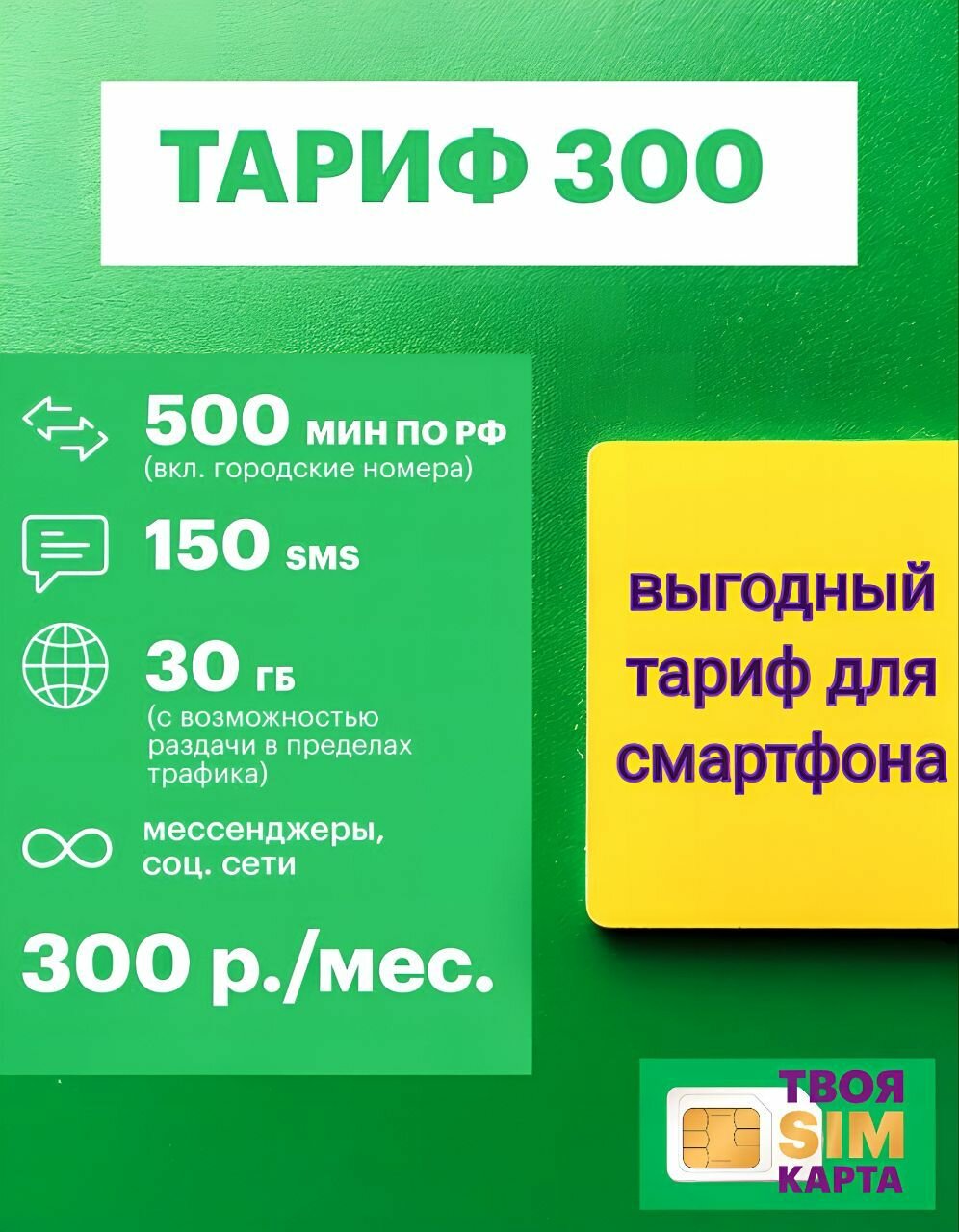 Сим-карта для смартфона 300 руб/мес, 500 мин, 150 смс, 30 гб, безлимит на мессенджеры и соцсети.
