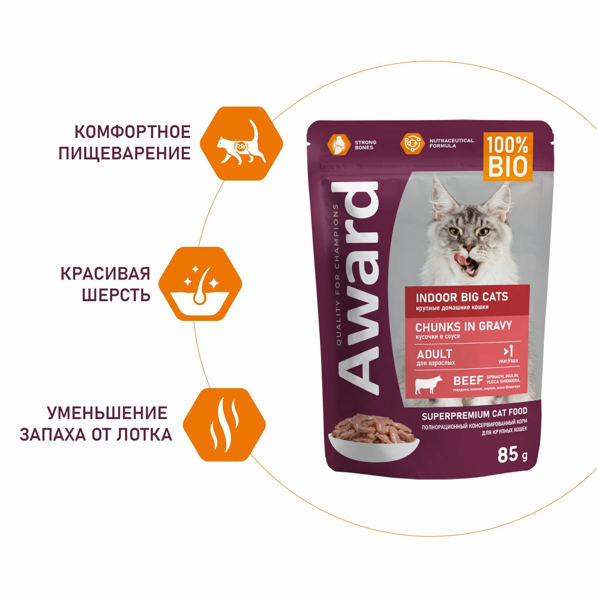 Влажный корм AWARD Indoor big cats для взрослых домашних кошек крупных пород кусочки в соусе с говядиной 85г × 24 шт. — фото 1