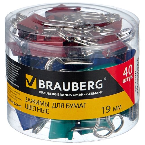 фото Brauberg зажимы для бумаг цветные 221127 19 мм (40 шт.) красный/синий/зеленый/желтый