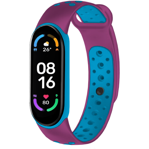 Силиконовый ремешок для смарт часов Xiaomi Mi Band 5, 6 и 7 / Спортивный сменный браслет на фитнес трекер Сяоми Ми Бэнд 5, 6 и 7 / Филетово-голубой