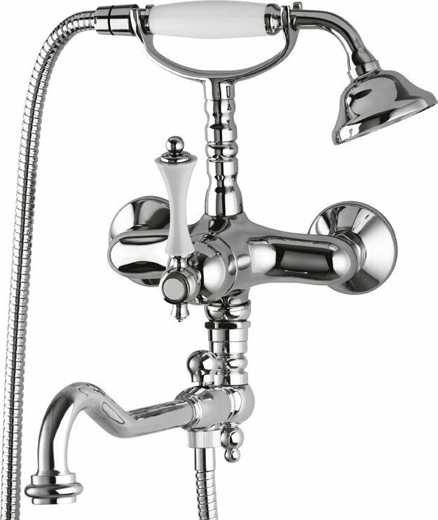 Cezares Смеситель Cezares MARGOT-VDFM2-01-Bi для ванны, с ручным душем и поворотным изливом, хром, ручки белые