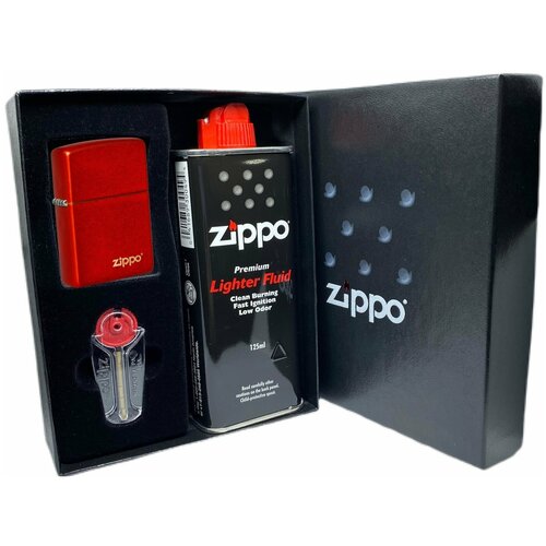 Подарочный набор ZIPPO ( Зажигалка ZIPPO 49475ZL Classic, красная, с покрытием Metallic Red + кремни + топливо, 125 мл )