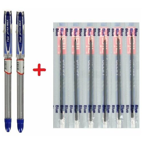 Набор 2шт Ручки шариковых Flair Xtra-Mile, резиновый упор, узел-игла 0.5 мм, масляная основа + 6 стержней (синие чернила)