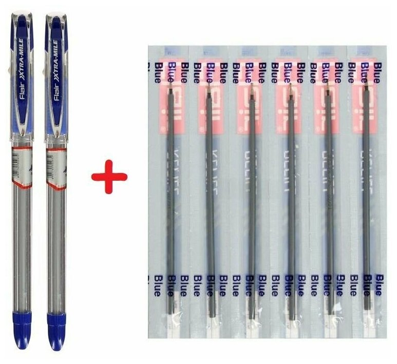 Набор 2шт Ручки шариковых Flair Xtra-Mile, резиновый упор, узел-игла 0.5 мм, масляная основа + 6 стержней (синие чернила)