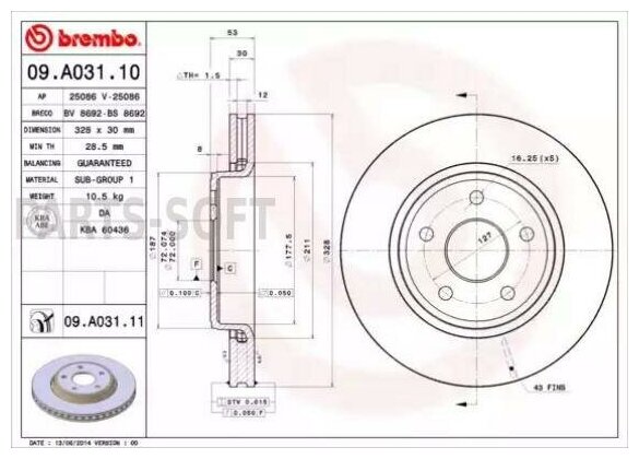 BREMBO 09. A031.11 Диск тормозной передн JEEP GRAND CHEROKEE III (WH) (06/05-) F / JEEP COMMANDER (09/05-) F