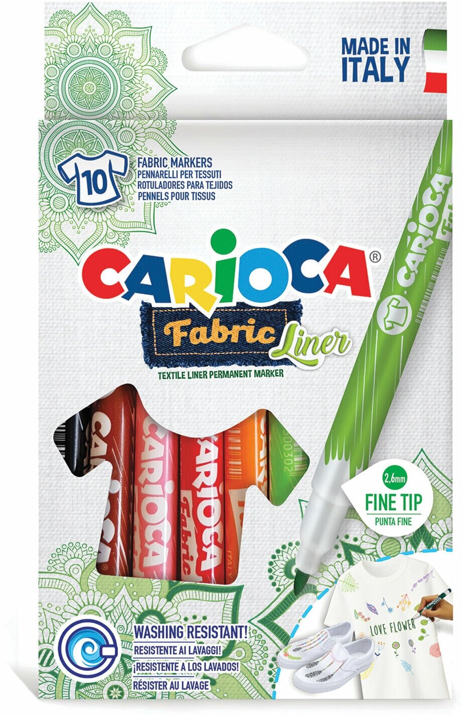 Маркеры для ткани Carioca "Fabric", 10 цветов, круглый наконечник 2,6 мм (42909)