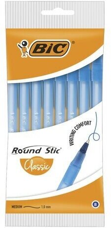 Ручки шариковые BIC "Round Stic", набор 8 шт, синие, узел 1 мм, линия письма 0,32 мм, пакет, 928497