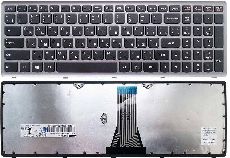 Клавиатура для ноутбука Lenovo IdeaPad Flex 15, G500S, G505S, S500, S510, Z510 черная, рамка серебряная