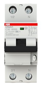 Дифавтомат ABB DS201 C32 AC30 2-ПОЛЮСНЫЙ характеристика C 32A 30MA ТИП АС