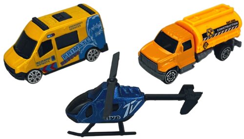 Набор машинок Спецтехника, металл с пластиком, вертолет, водовоз, микроавтобус, для мальчиков, 3 штуки в наборе