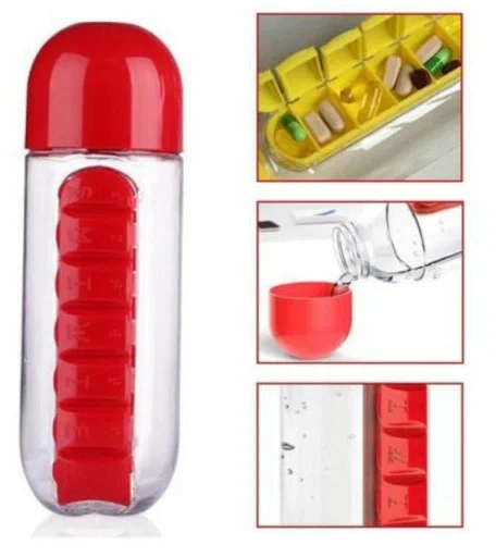 Бутылка-органайзер для таблеток на неделю, таблеточница органайзер для витаминов. 600 мл, красная - фотография № 16