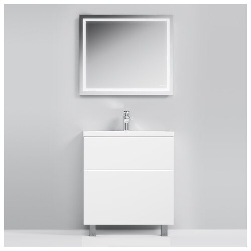 фото Комплект мебели для ванной am.pm gem m90fsx7522wg/wc75/mox0801 тумба 75 см белая напольная 2 ящика с раковиной и зеркало led 80 см