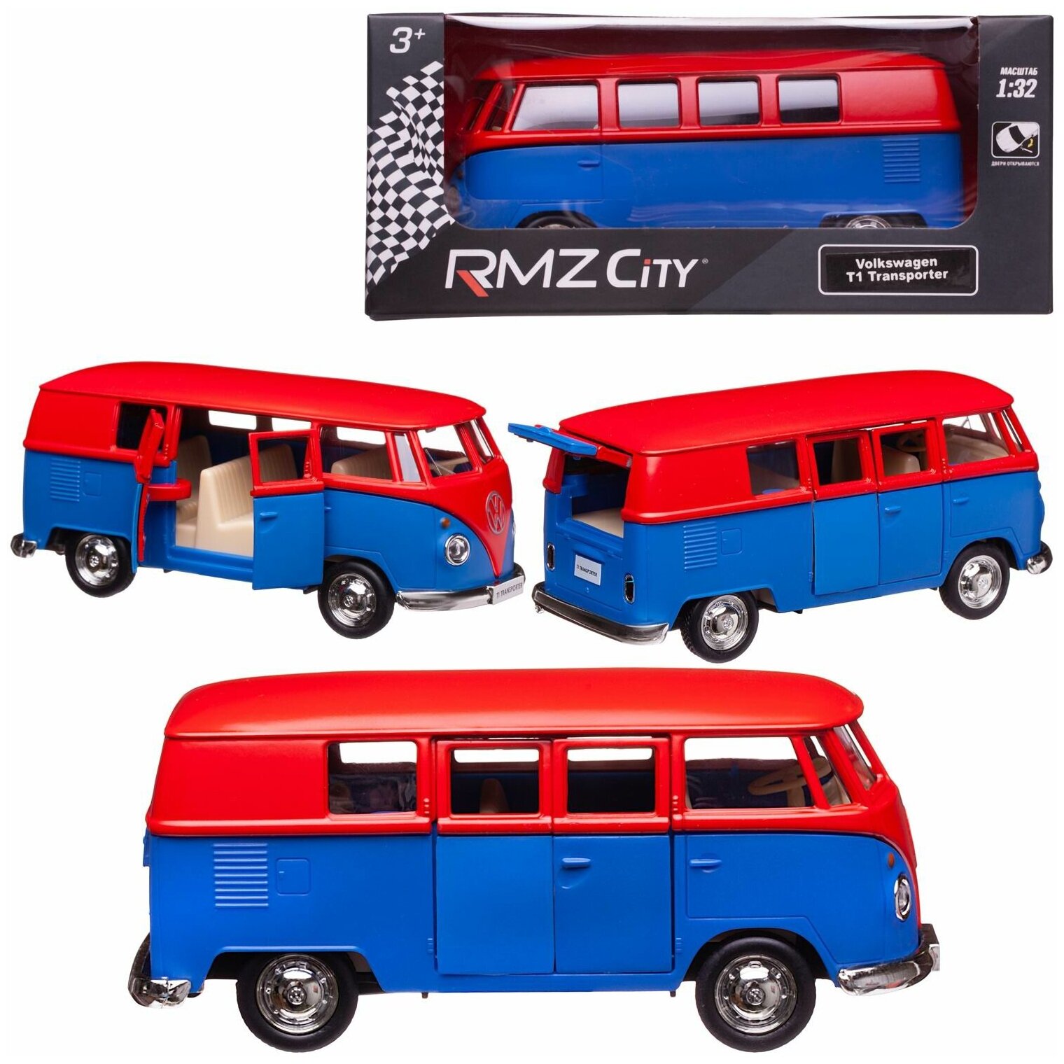 Машинка металлическая Uni-Fortune RMZ City серия 1:32 Автобус инерционный Volkswagen Samba bus Transporter, цвет матовый красный с синим, двери открываются