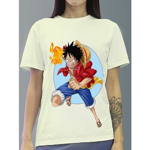 фото Футболка женская белая молочный оттенок из хлопка с dtf рисунком аниме ван-пис - 1043 будь на стиле