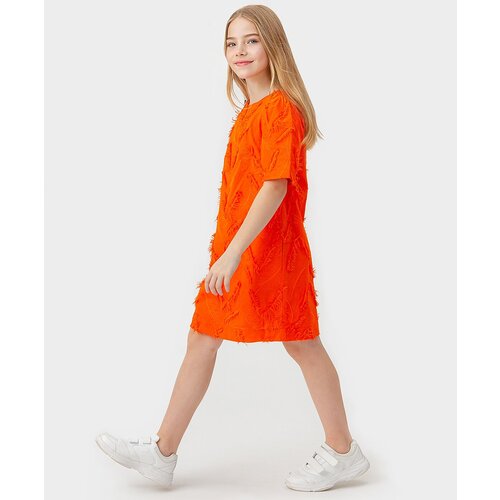 фото Платье с вышивкой в виде перьев оранжевое button blue, для девочек, размер 134, мод 123bbgjc25056100