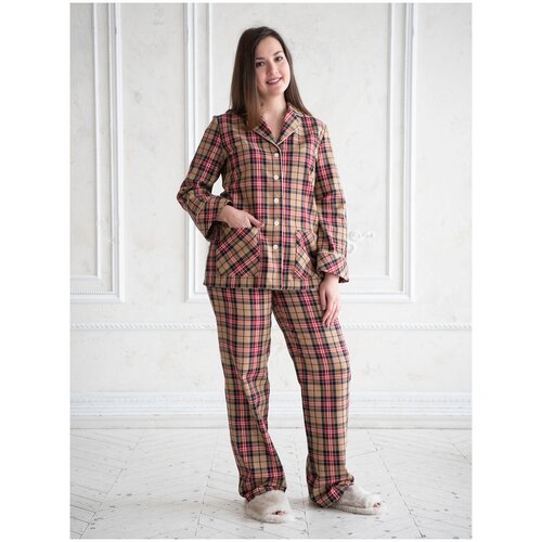 фото Пижама pijama story, брюки, рубашка, длинный рукав, утепленная, пояс, пояс на резинке, карманы, размер xl, бежевый