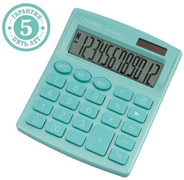 Калькулятор настольный Citizen "SDC-810NR" 12-разрядный 124 х 102 х 25 мм двойное питание бирюзовый