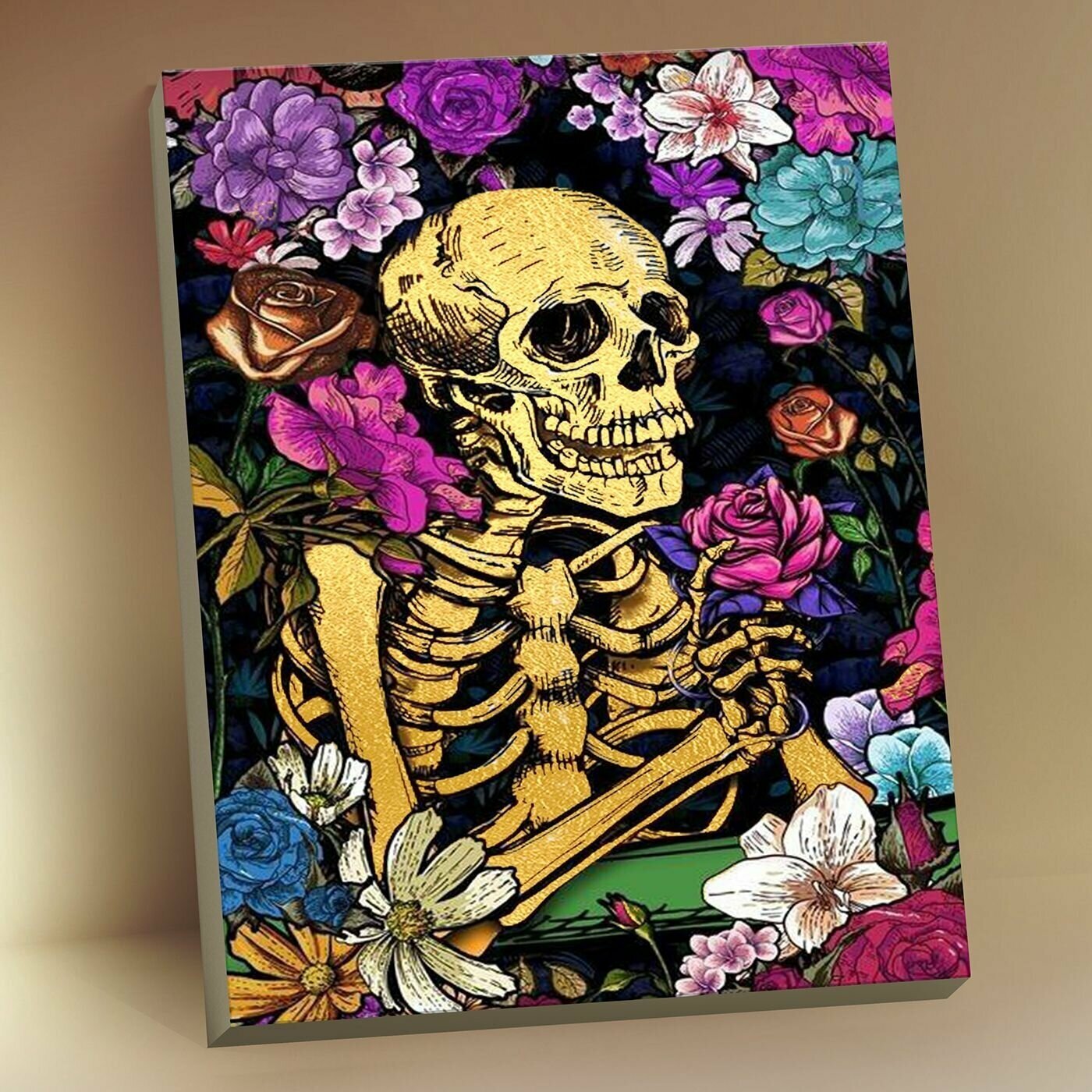 Картина по номерам с поталью Скелет в цветах 40х50 см