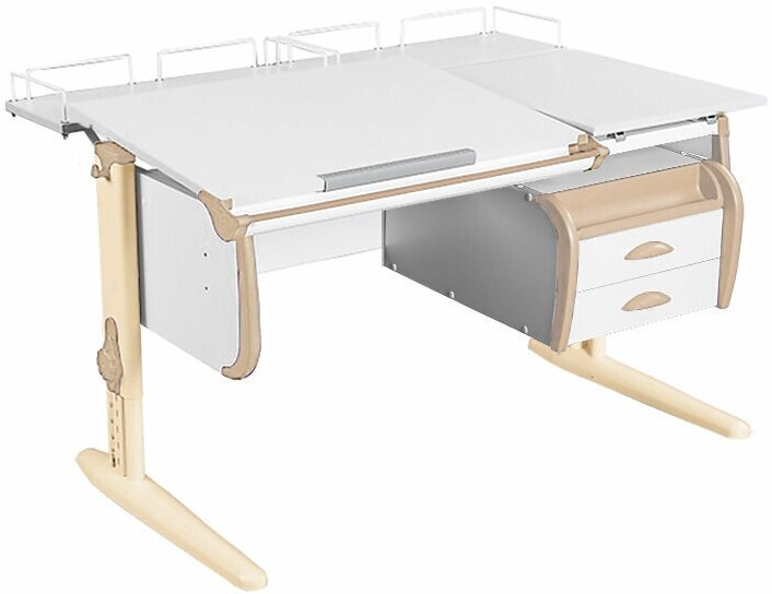 Парта растущая ДЭМИ СУТ-25-04 с тумбой, размер 120х82х81,5 см цвет ЛДСП белый, накладки бежевые, ноги бежевые