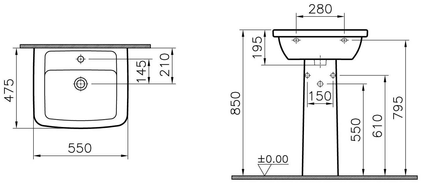 Раковина Vitra Form 300 с пьедесталом (550х475х850) белая 9602B003-7650 - фотография № 2