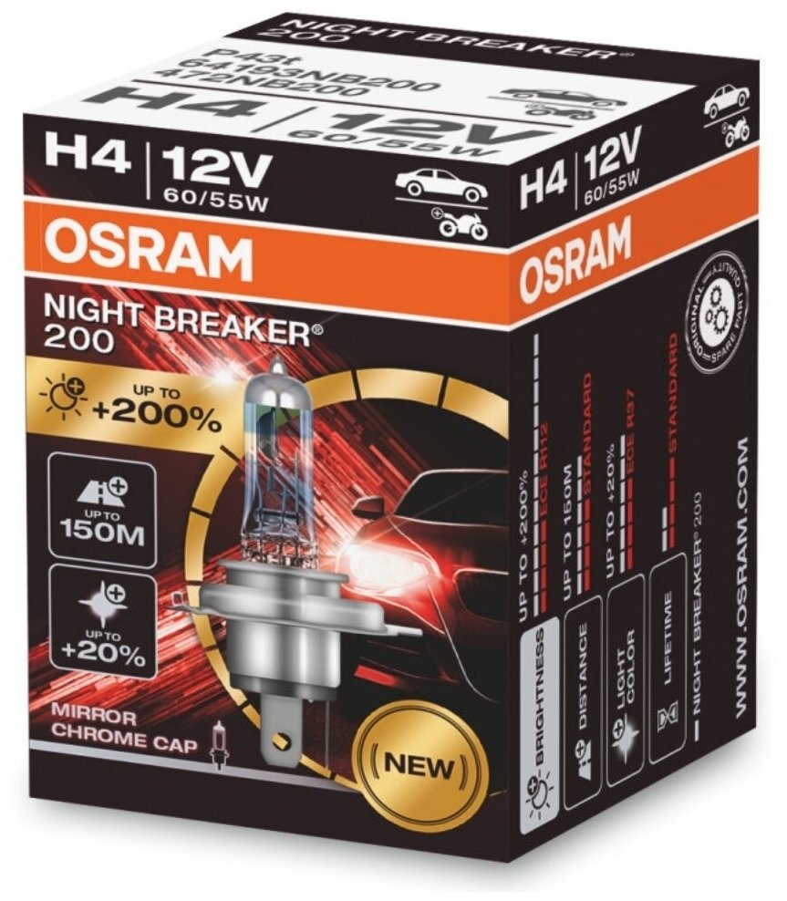 OSRAM Лампа галогеновая головного света H4 P43t Night Breaker 200 12V 60/55W Блистер 1 шт 64193NB200
