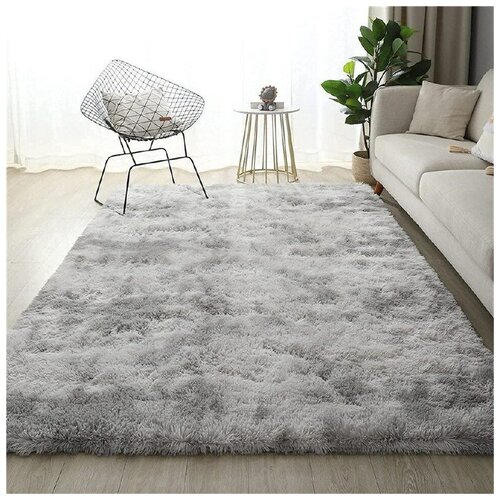Ковер на пол с длинным ворсом меховой 230x160 см, светло серый, мягкий, пушистый, антискользящий, в гостиную, спальню