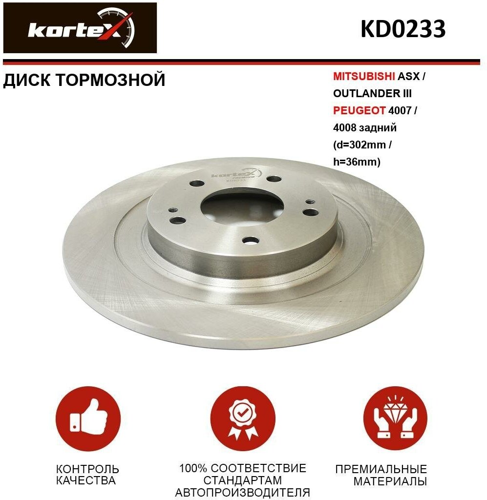 Тормозной диск Kortex для Mitsubishii Asx / Outlander III / Peugeot 4007 / 4008 задний(d-302mm / h-36mm) OEM 4615A125, 4615A168, DF6598, KD0233