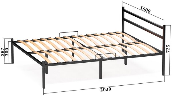 Кровать металлическая разборная Элимет 160*200см с опорами и спинкой компакт