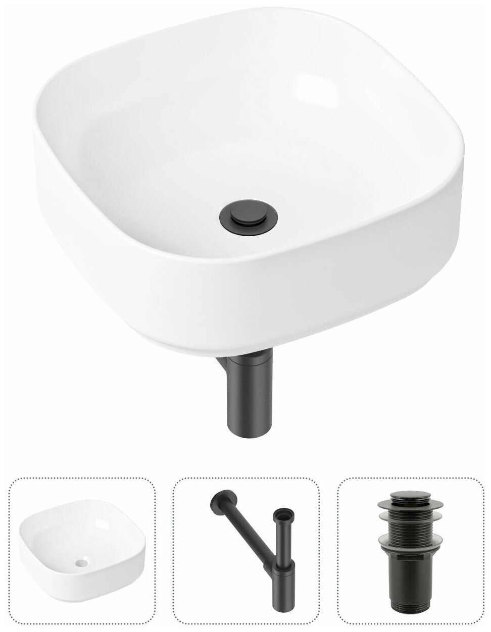 Накладная раковина в ванную Lavinia Boho Bathroom Sink Slim 21520223 в комплекте 3 в 1: умывальник белый, донный клапан и сифон в цвете матовый черный