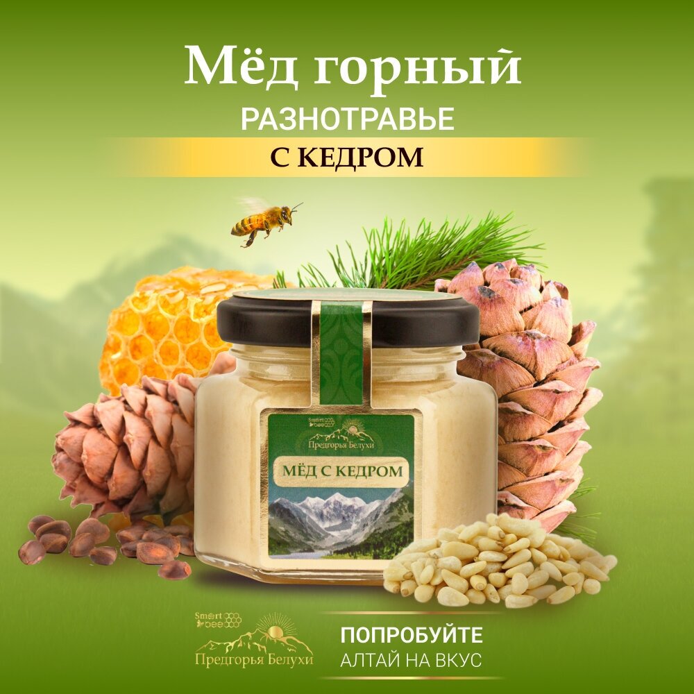 Мед горный натуральный разнотравье с кедром Предгорья Белухи / Smart Bee, 140 гр - фотография № 2