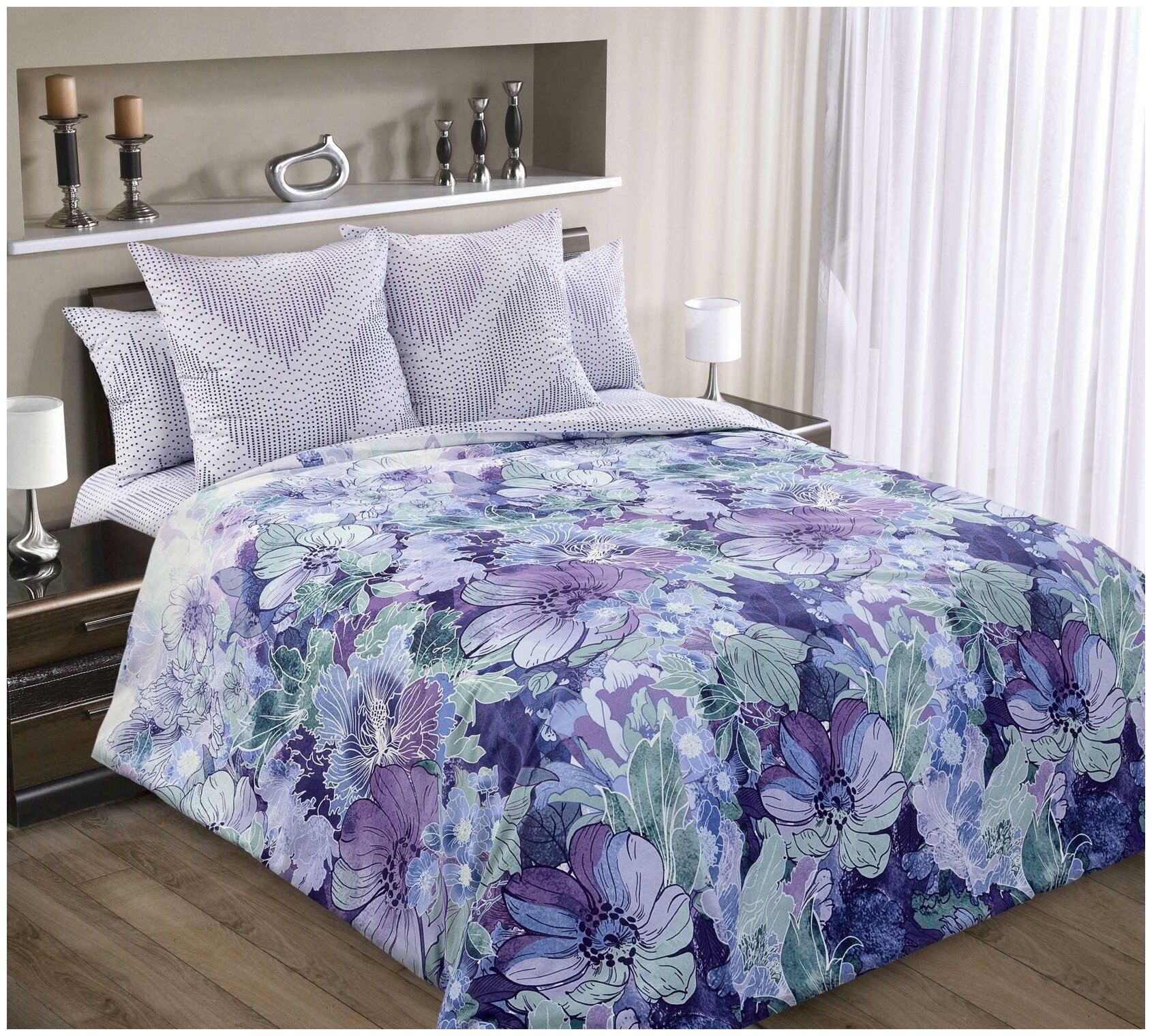 фото Постельное Белье Семейное Перкаль «Блум 1 фиолетовый 6250ПН» (цветы)