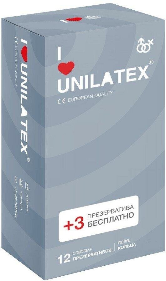 Презервативы UNILATEX Презервативы Unilatex Ribbed 12+3 шт в подарок 3021Un