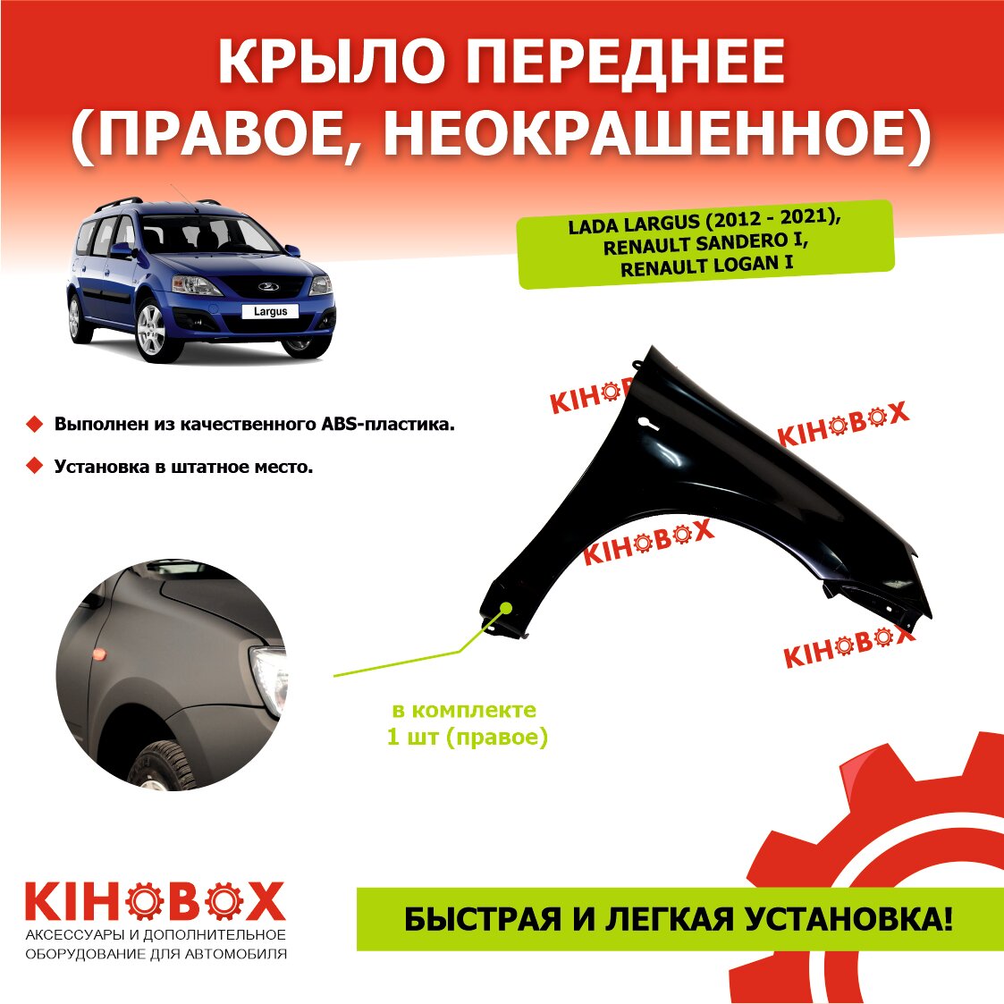 Крыло правое на Лада Ларгус (2012 - 2021 г.) Логан 1 Сандеро 1 неокрашенное ABS пластик KIHOBOX ART 9995701700