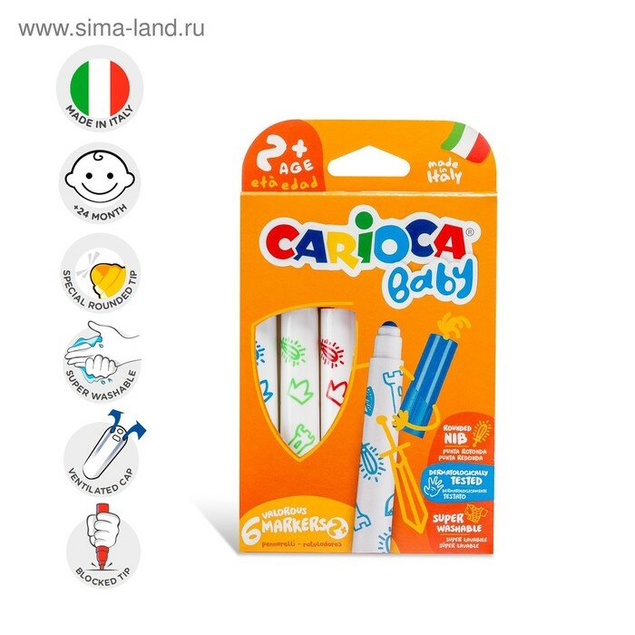 Фломастеры Carioca "Baby", 6 цветов, утолщенные, смываемые, картон (42813)