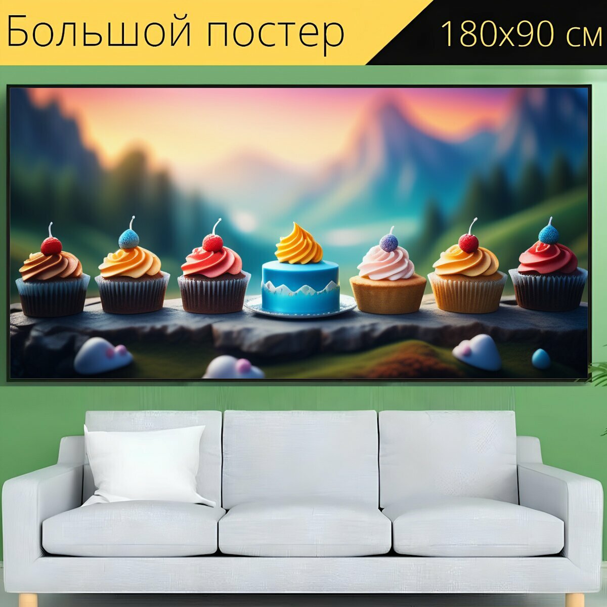 Большой постер "Пейзаж с тортами вдохновляющий, " 180 x 90 см. для интерьера на стену