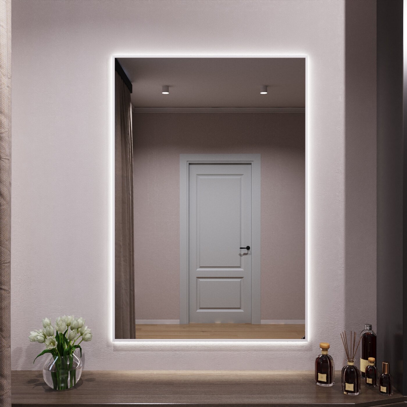 Зеркало с подсветкой в алюминиевой раме настенное Market-house 120х90 см. Свет: Нейтральный Белый 6000К. Белое