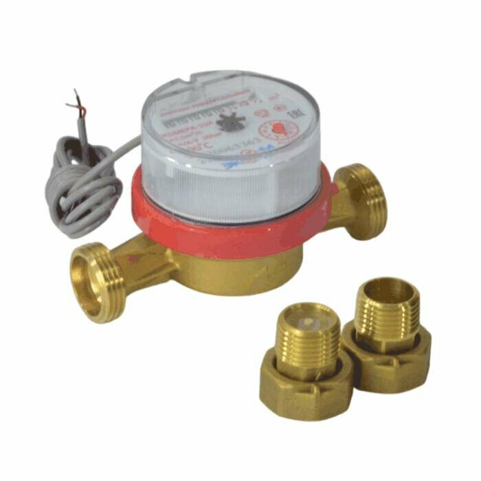 фото Счётчик г/в и х/в крыльчатый одноструйный Ду 15 Ру16 90С L=110мм резьба импульсный с обратным клапаном В/К экомера Э-15УИ-110-СК