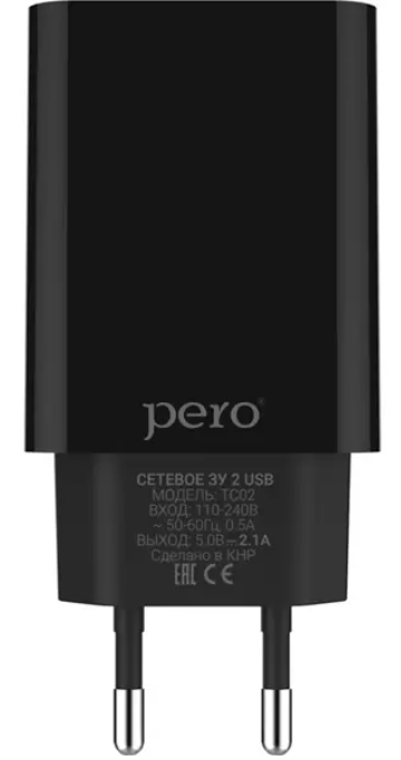 Сетевое зарядное устройство PERO TC02 2USB 2.1A черный ТС02BL2A