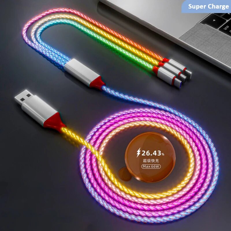3-в-1 6A 66W RGB супер быстрый зарядный кабель Type-C Micro USB кабель зарядного устройства поток Прохладный красочный светящийся кабель для передачи данных для iPhone Android, 3 IN 1 RGB, 2m