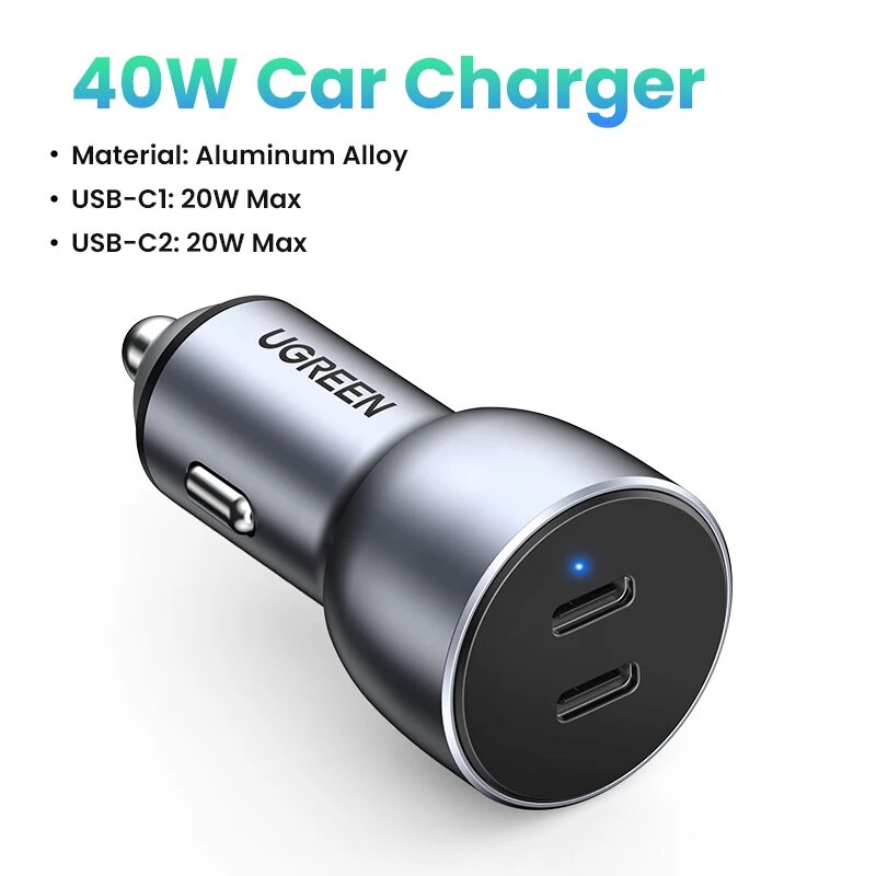 Автомобильная зарядка Ugreen 40 Вт PD, быстрая зарядка 4,0 3,0 Для Xiaomi QC4.0 QC3.0 Тип C PD, автомобильная зарядка для iPhone 13 12 Xs 8 PD, зарядное устройство, Dual PD3.0 20W