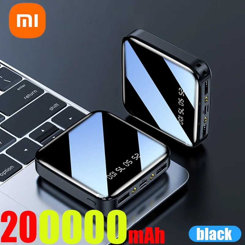 Xiaomi 20000 мАч Мини Power Bank большой емкости Портативный цифровой дисплей Быстрая зарядка Dual Usb Ультратонкий внешний аккумулятор Новый, Black 200000mAh