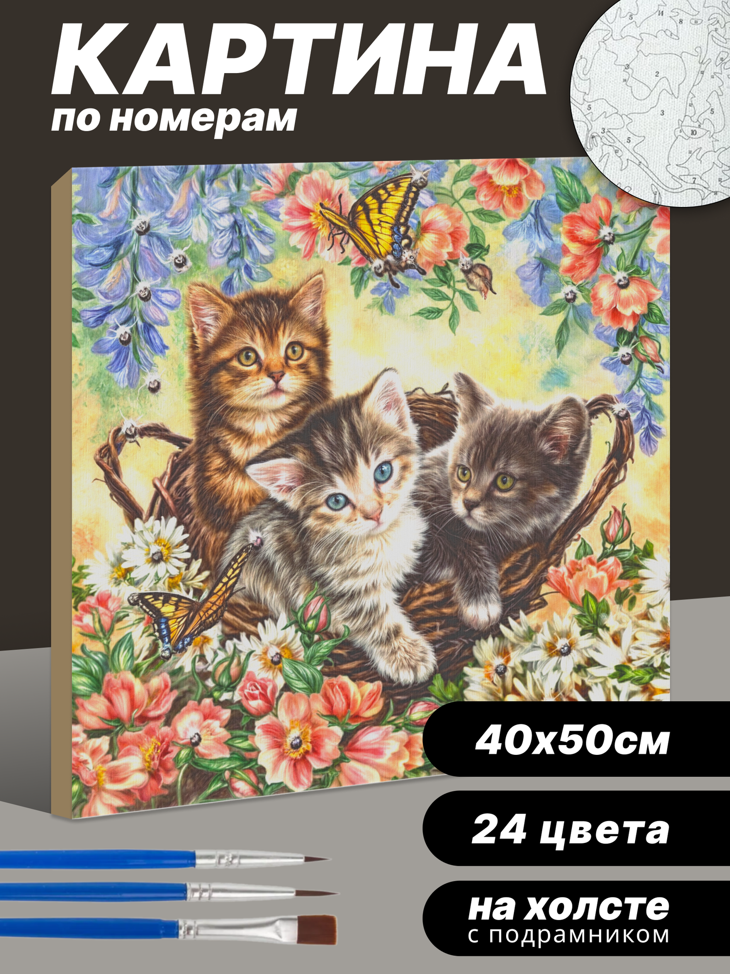 Картина по номерам на холсте с подрамником 40 х 50 см Котики, 24 цвета, BFB1330