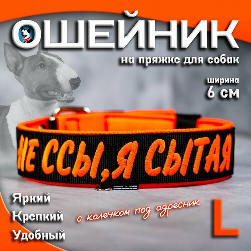 Ошейник для собак Buddy team на пряжке, с вышивкой НЕ ССЫ Я сытая, ширина 6 см, с мягким подкладом для средних и крупных пород, размер L