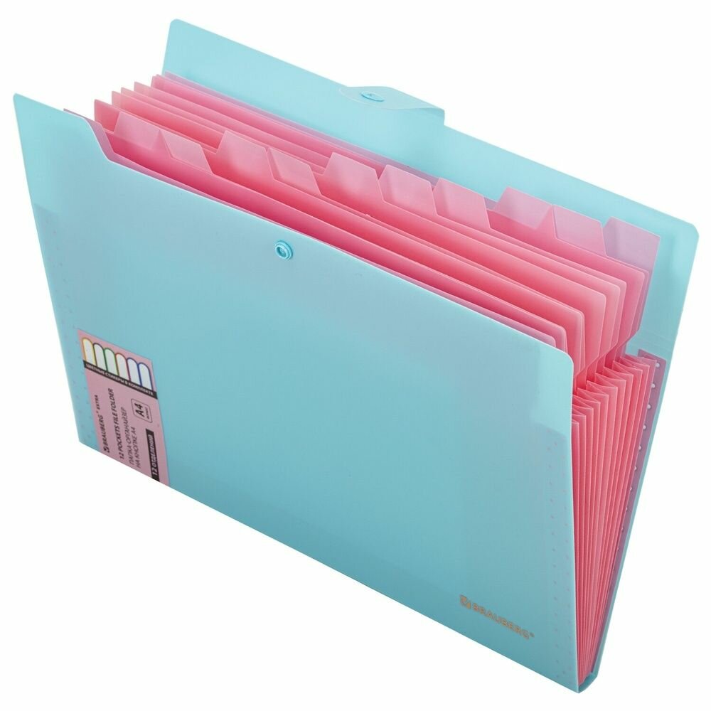 Папка-органайзер Brauberg на кнопке 12 отделений "Extra" А4, голубая с розовым (271932)