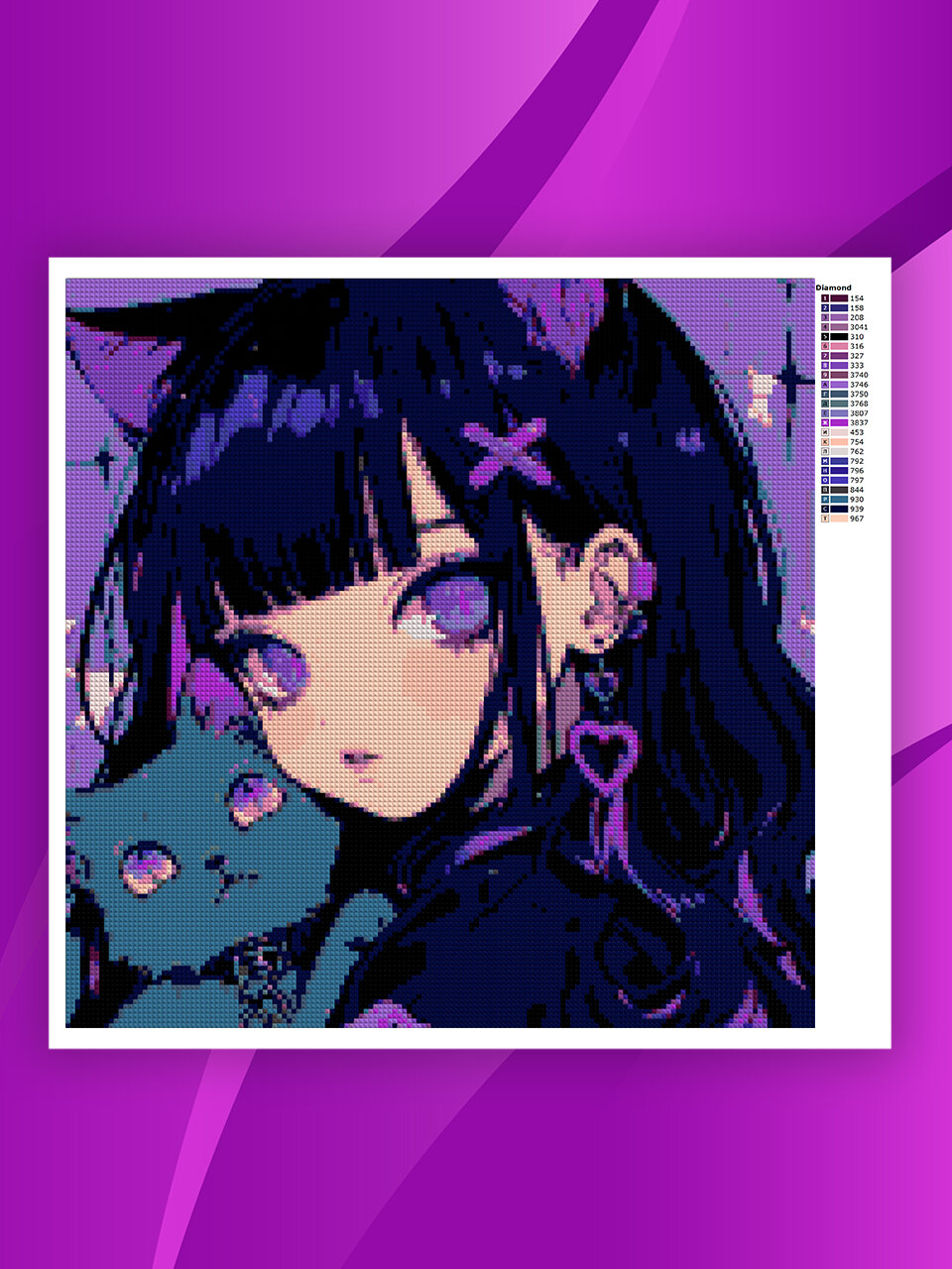 Алмазная мозаика без подрамника - вышивка Purple girl cat 40 х 40 см