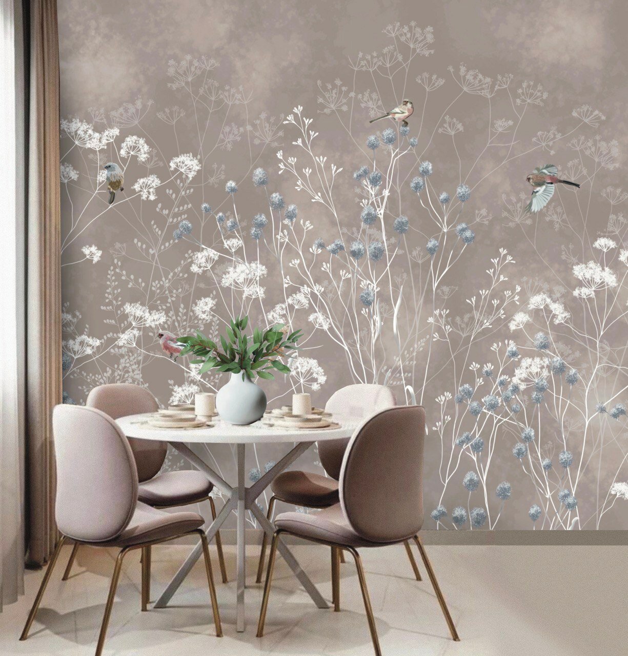 Фреска бесшовная "Птички Урагусы" пудровый розовый (ширина 2550мм х длина 3000мм)