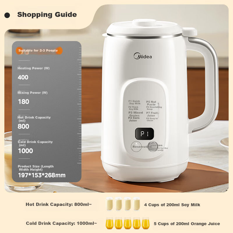 Midea 1L Capacity Soy Milk Maker for 2-3 People with 2-12H Appointment, Hot Drink Automatic Insulation, Dry Beans Directly Grinding, One-Button Self-Cleaning, Household Multi-Functional Broken Wall So