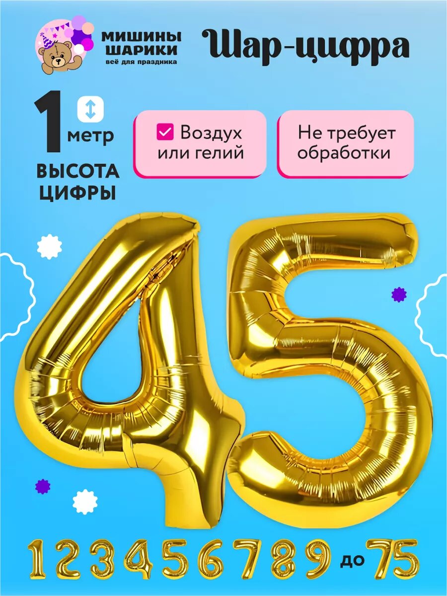 Набор воздушных шаров для фотозоны на день рождения фольгированные цифры 45 лет