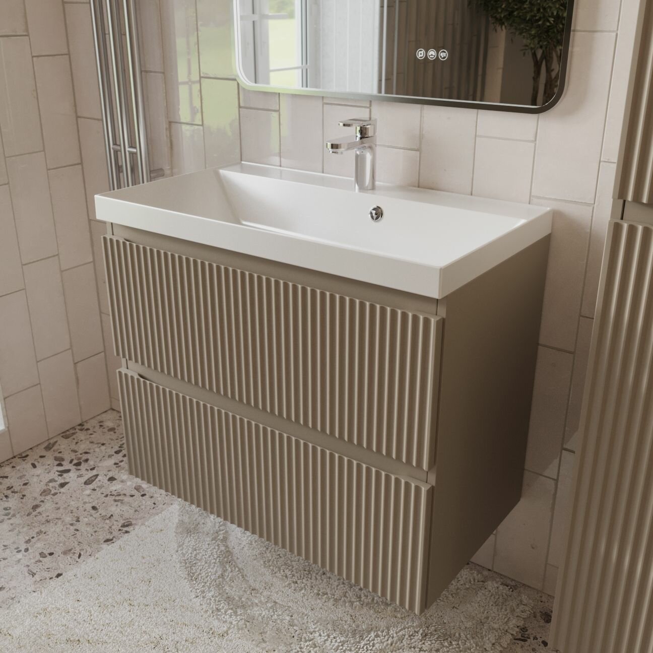 Тумба с раковиной для ванной MEBELVANN PULSE 80 см подвесная бежевый/капучино  2 ящика